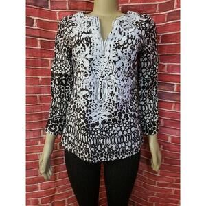 Zoe D 100% Linen 3/4 Sleeve Women's Size S Top Embroidered White & Brown #C